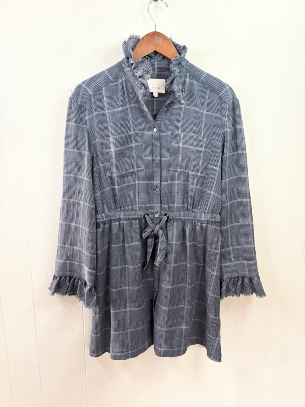 Cinq a Sept long sleeve mini dress size XS plaid shirt dress ruffle collar